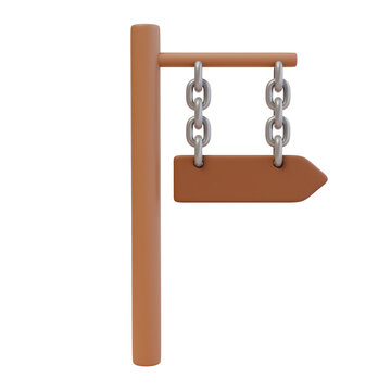 3d render illustration of signpost with arrow on a metal chain. Wooden signboard. Direction pointer, divarication guidepost. Isolated object