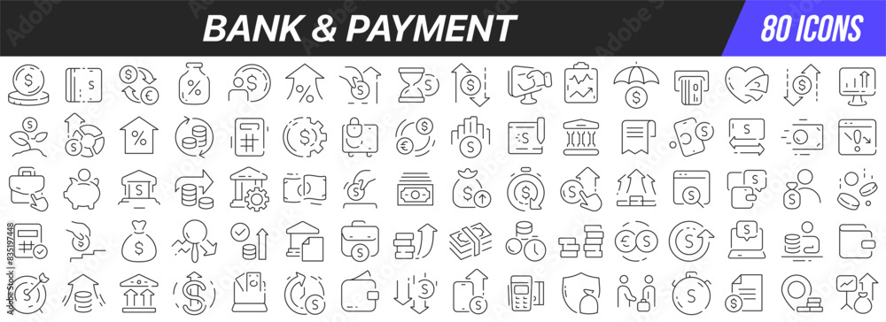 Aufkleber Bank and payment line icons collection. Big UI icon set in a flat design. Thin outline icons pack. Vector illustration EPS10