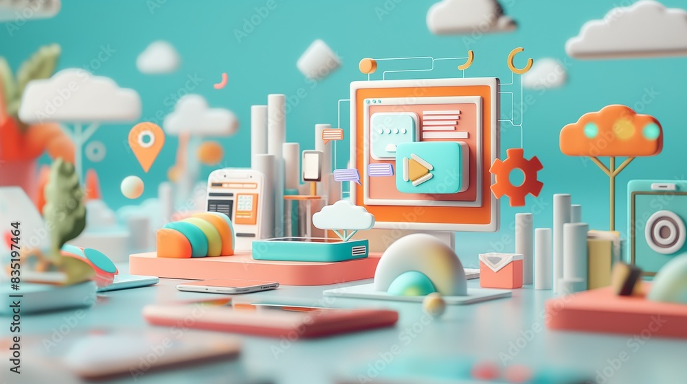 Poster a 3d illustration of a computer and a megaphone on a colorful table.