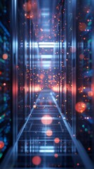 Vertical Image Of A Row Of Servers In A Data Center. 