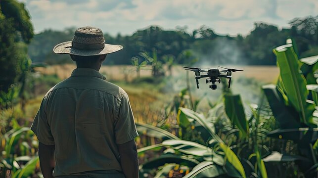 Indigenous farmer using modern agricultural technology to monitor crops, with drones and sensors, Agricultural, High-tech