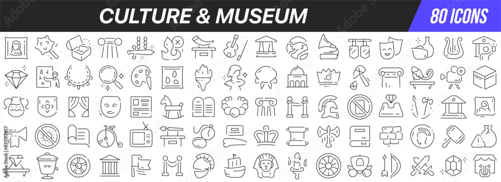 Poster culture and museum line icons collection. big ui icon set in a flat design. thin outline icons pack.