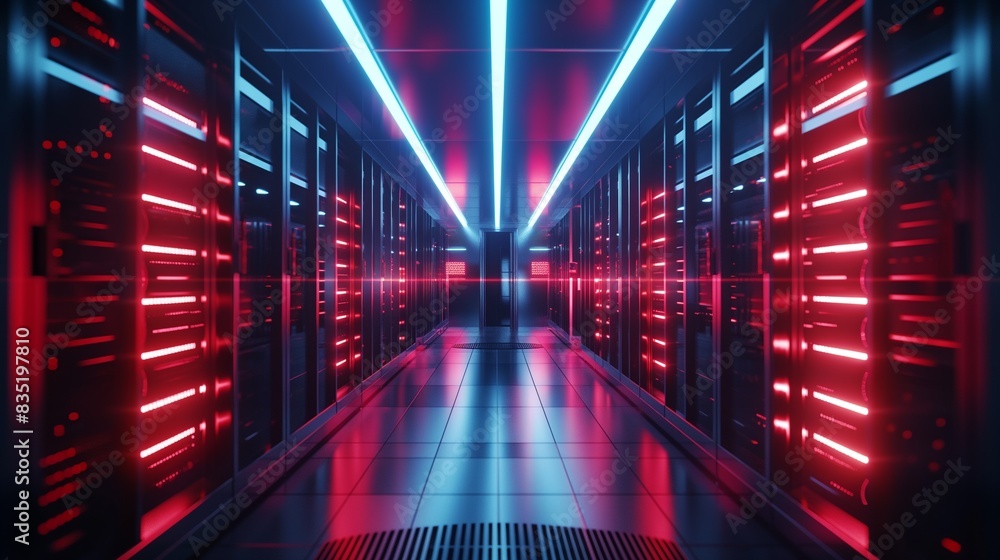 Poster a row of servers in a data center.