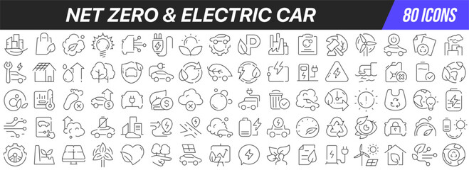 Net zero and electric car line icons collection. Big UI icon set in a flat design. Thin outline icons pack. Vector illustration EPS10