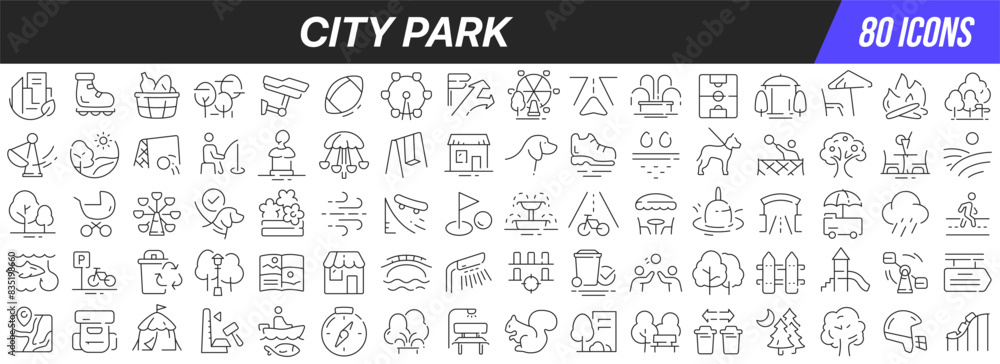 Poster city park line icons collection. big ui icon set in a flat design. thin outline icons pack. vector i