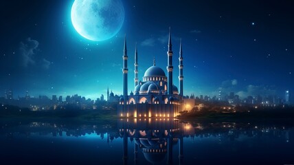 The beautiful serene mosque at night in the blessed month of ramadan the illuminated, Copy space, generative ai