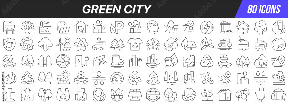 Poster green city line icons collection. big ui icon set in a flat design. thin outline icons pack. vector 