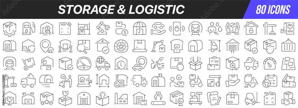 Aufkleber storage and logistic line icons collection. big ui icon set in a flat design. thin outline icons pac
