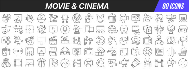 Movie and cinema line icons collection. Big UI icon set in a flat design. Thin outline icons pack. Vector illustration EPS10