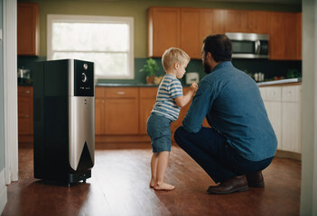 Man with his 4-year-old son and a mobile house robot in the kitchen at home