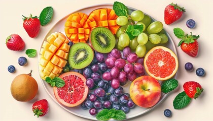Naklejka premium Generate a flat lay of a fresh fruit platter with a variety of colorful fruits