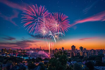 A breathtaking view of a city skyline at dusk, with colorful fireworks exploding overhead.