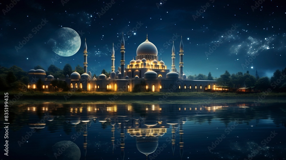 Wall mural The beautiful serene mosque at night in the blessed month of ramadan the illuminated, Copy space, generative ai