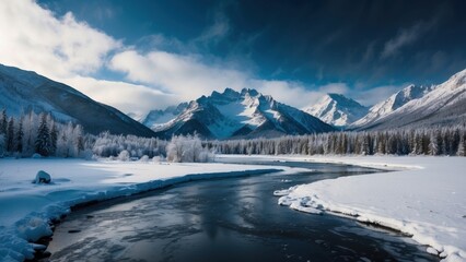 Obraz premium Wild river landscape flowing in frozen mountain valley, around beautifully snowy spruce trees 