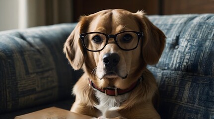 A cute dog wearing reading glasses and sitting on the sofa reading a book.