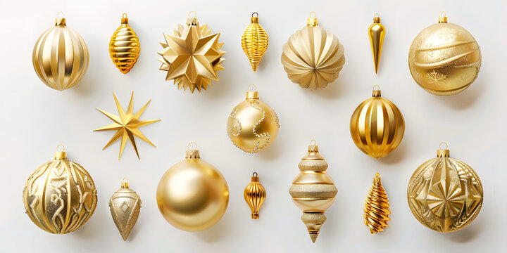 Set de esferas navide&ntilde;as color dorado sobre un fondo blanco 