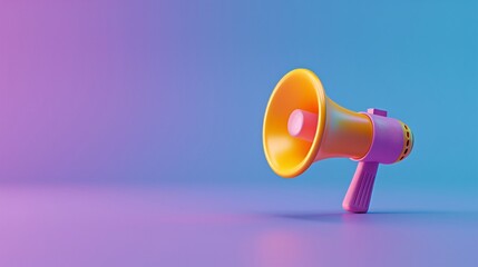 Vivid colorful megaphone on a gradient purple and blue background, symbolizing announcement, communication, and marketing. 3D Illustration.