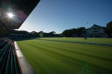 Fototapeta premium A serene morning scene at a racetrack, bathed in the golden light of the rising sun. A lone horse and rider traverse the green expanse, leaving a trail of serenity in their wake.