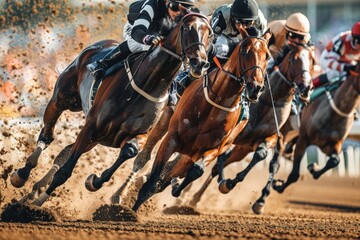 Obraz premium A close-up shot of thoroughbred horses racing down a dirt track, kicking up dust and vying for the lead.