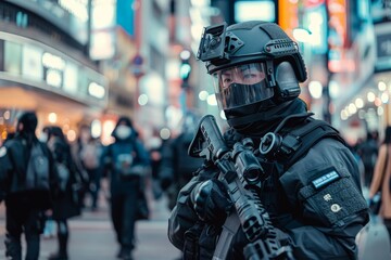 A security officer in futuristic gear stands guard in a bustling city setting. The officers helmet and face mask reflect the neon glow of the city around them.