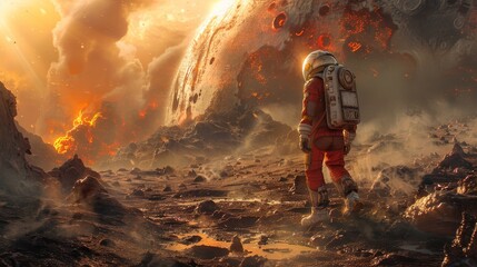 man in a space suit standing in front of a huge explosion