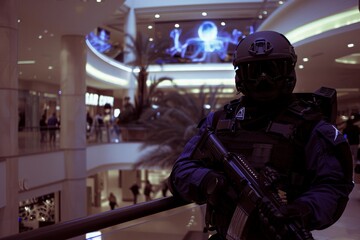 Naklejka premium A security officer in futuristic gear stands guard, holding a rifle, in a modern shopping mall. The officers helmet and protective gear are advanced, highlighting the security concerns of the future.