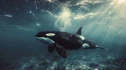 Obraz premium Majestic killer whale emerging from deep waters, surrounded by a large body of water with a deep abyss
