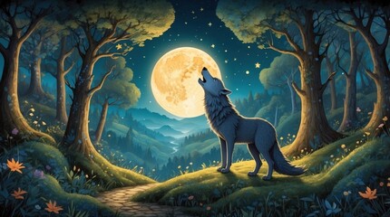 Illustration showing wildlife surrounded by forest and old trees, beautiful howling wolf in forest on moon background