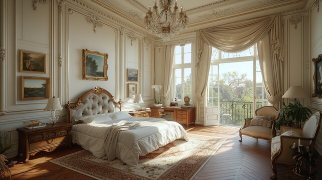 Step into the luxurious world of a classic European bedroom, showcasing ornate antique furniture and decor that exude timeless elegance and sophistication in every intricate detail
