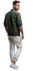 Naklejka premium Isolated walking handsome young man wearing grey trousers and green jacket, png,cutout on transparent background, ready for architectural visualisation
