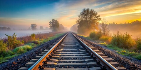 Railroad tracks disappearing into the misty morning horizon, Railway, morning, fog, mist, transport, travel, journey, nature, scenic, tranquil, serene, atmospheric, peaceful, tracks, foggy - Powered by Adobe