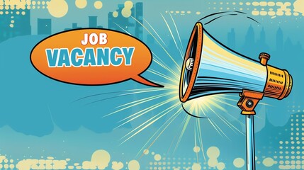 Colorful pop art illustration featuring a megaphone announcing a job vacancy; cityscape background with comic book style elements.