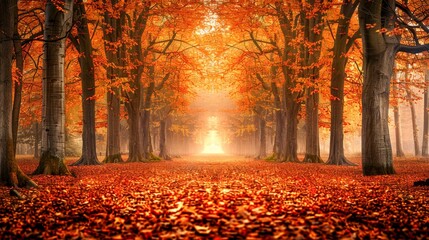 Beautiful autumn forest with vibrant fall foliage, golden leaves carpet the ground and sunlight filters through trees, creating a serene and scenic path.