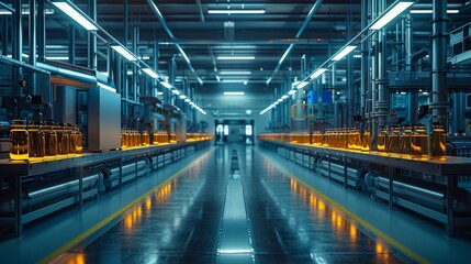 a factory with rows of machines and lights