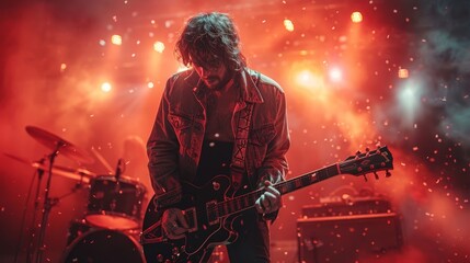 a man playing a guitar on stage with a red light