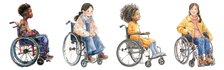 PNG watercolor style of Disabled kid on wheelchair  cut out element set