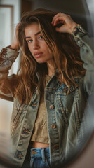 Fototapeta premium Young woman with tousled hair and a denim jacket checking her reflection in a mirror, captured in a moment of introspection and self-reflection