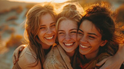 Fototapeta premium three women smiling and hugging each other in a photo