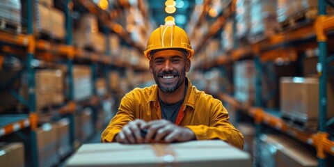 Warehouse Worker Smiling in Front of Shelving