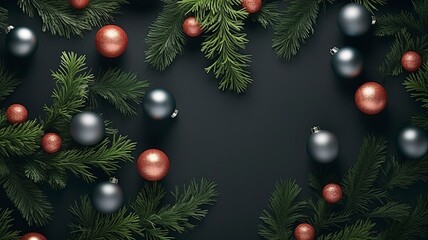 christmas balls and fir branches flat lay top view, generative ai