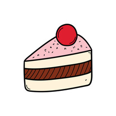 Hand drawn doodle cherry cake slice on white background.