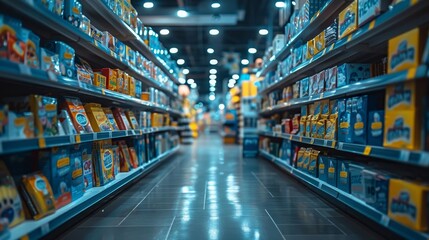 a store aisle with shelves of various foods and drinks