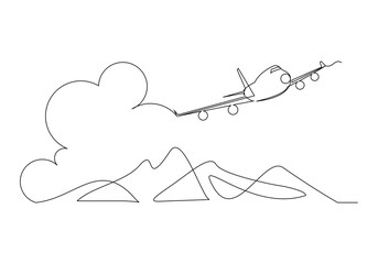 Continuous single one line sketch drawing of airplane flying over mountain nature landscape travel holiday concept vector illustration