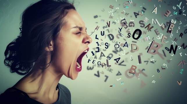 Woman yelling with flying letters, symbolizing communication, expression, and emotion. Vibrant creative concept in a modern style.