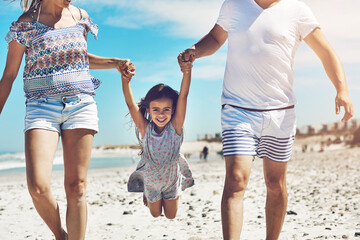 Family, parents and girl child on beach portrait for holiday, vacation and development together on...