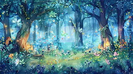 Enchanted forest scene with watercolor fairies, magical creatures, and twinkling lights, great for children's room decor