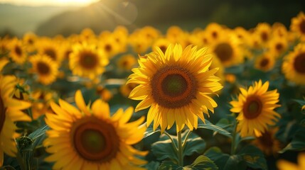 Obraz premium a field of sunflowers with the sun shining in the background