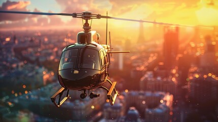 Fototapeta na wymiar Dynamic close-up of a helicopter soaring above a bustling city, with a vibrant meadow visible through the buildings