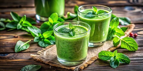 Healthy green smoothie with fresh mint leaves on a rustic table, green, smoothie, healthy, mint leaves, garnish, fresh, organic, nutrition, drink, beverage, detox, natural, vegan