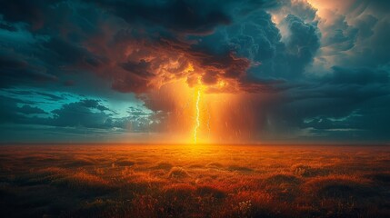 Fototapeta premium a lightning bolt in a field of grass with a cloudy sky